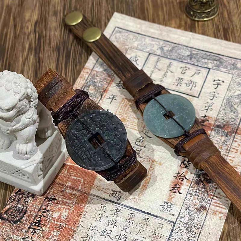 Buddha Stones Jade Mountain Ghosts Spend Money Prosperity Leather Watch Band Bracelet