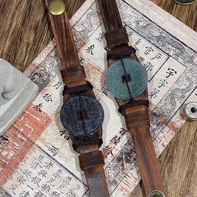 Buddha Stones Jade Mountain Ghosts Spend Money Prosperity Leather Watch Band Bracelet