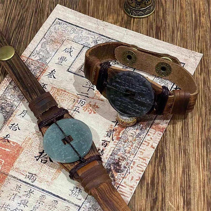 Buddha Stones Jade Mountain Ghosts Spend Money Prosperity Leather Watch Band Bracelet
