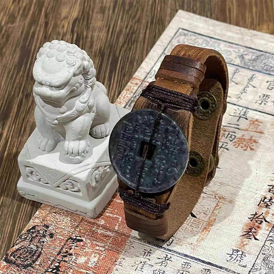 Buddha Stones Jade Mountain Ghosts Spend Money Prosperity Leather Watch Band Bracelet