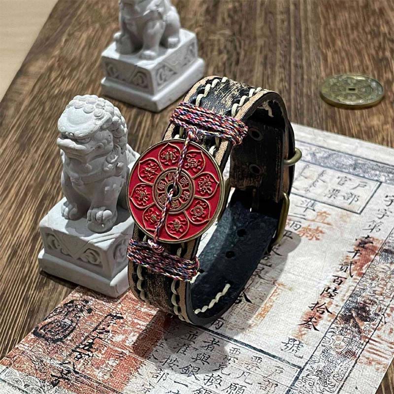 Buddha Stones Cinnabar Lotus Om Mani Padme Hum Blessing Leather Watch Band Bracelet