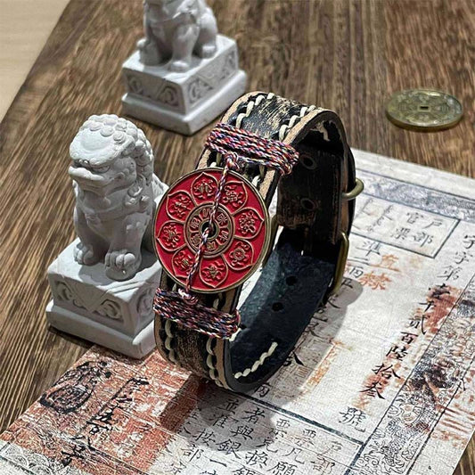 Buddha Stones Cinnabar Lotus Om Mani Padme Hum Blessing Leather Watch Band Bracelet
