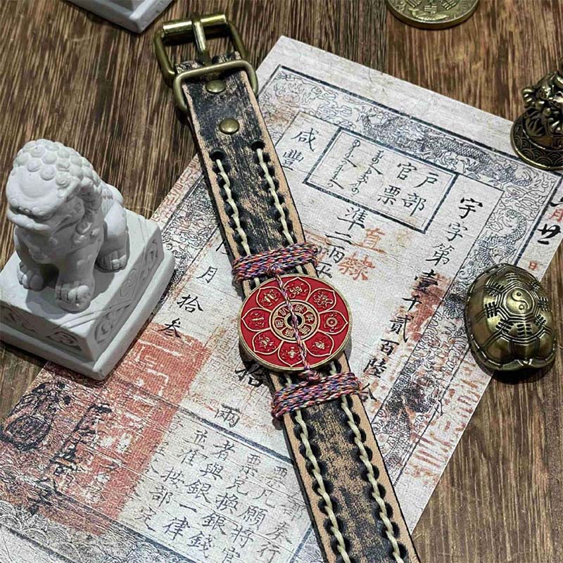 Buddha Stones Cinnabar Lotus Om Mani Padme Hum Blessing Leather Watch Band Bracelet
