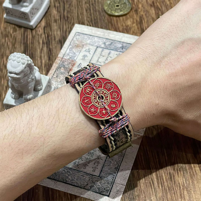 Buddha Stones Cinnabar Lotus Om Mani Padme Hum Blessing Leather Watch Band Bracelet