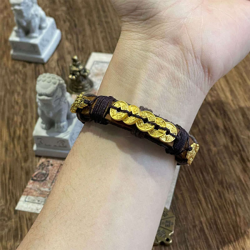 Buddha Stones Five-emperor Coins Pi Xiu Wealth Leather Rope Bracelet