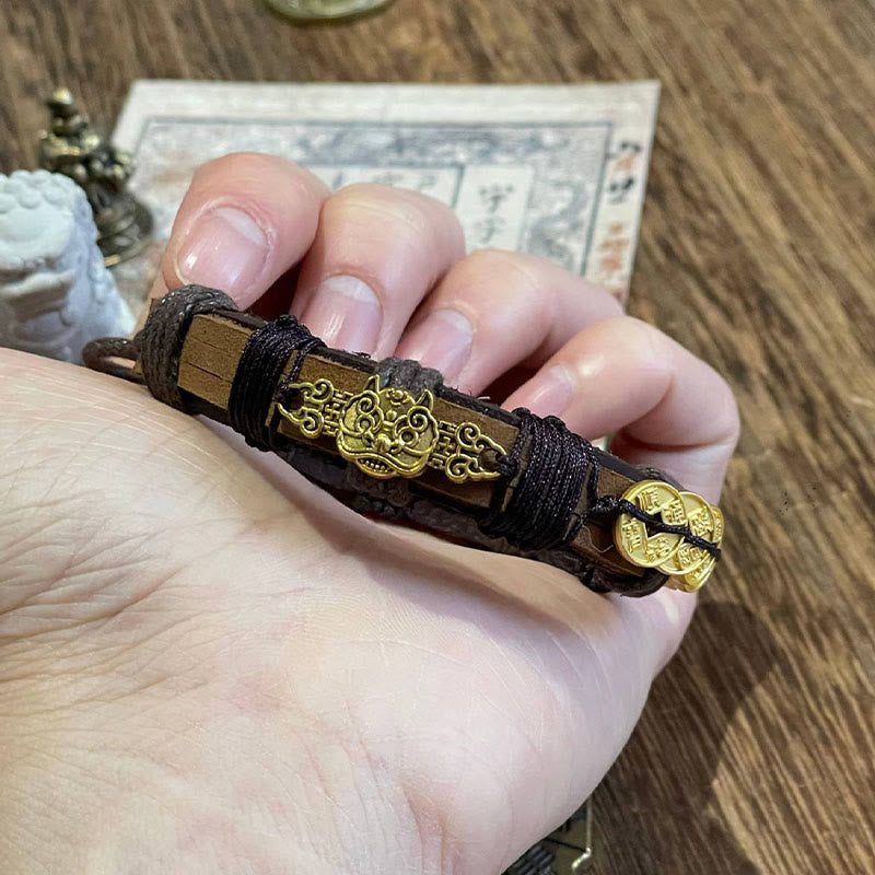 Buddha Stones Five-emperor Coins Pi Xiu Wealth Leather Rope Bracelet