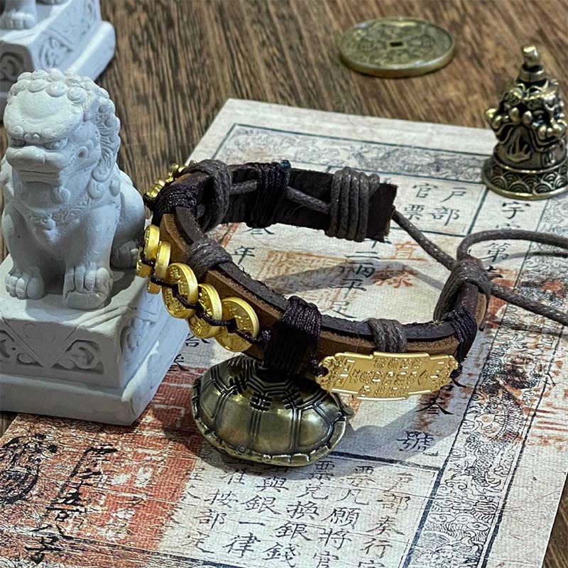Buddha Stones Five-emperor Coins Pi Xiu Wealth Leather Rope Bracelet