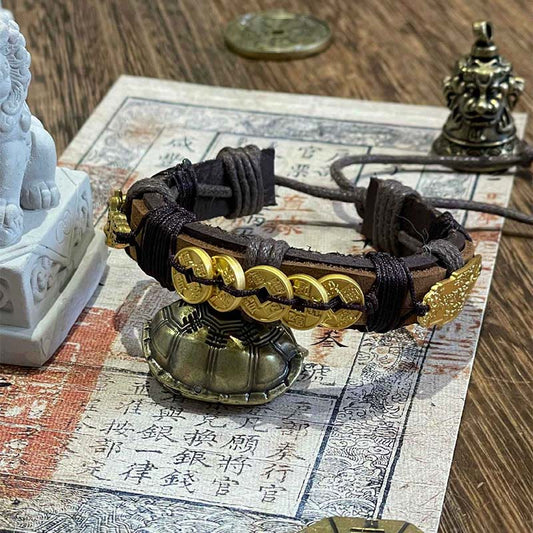 Buddha Stones Five-emperor Coins Pi Xiu Wealth Leather Rope Bracelet