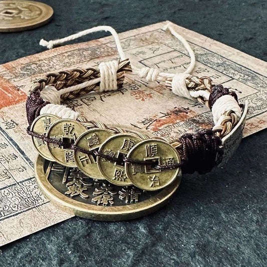 Buddha Stones Five-emperor Coins Amulet Protection Rope Bracelet