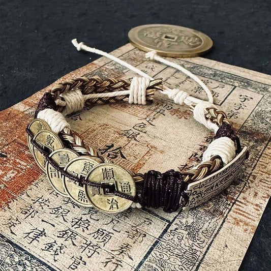 Buddha Stones Five-emperor Coins Amulet Protection Rope Bracelet