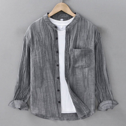 Buddha Stones Solid Long Sleeve Creases Design Buttons Down Ramie Linen Men's Shirts