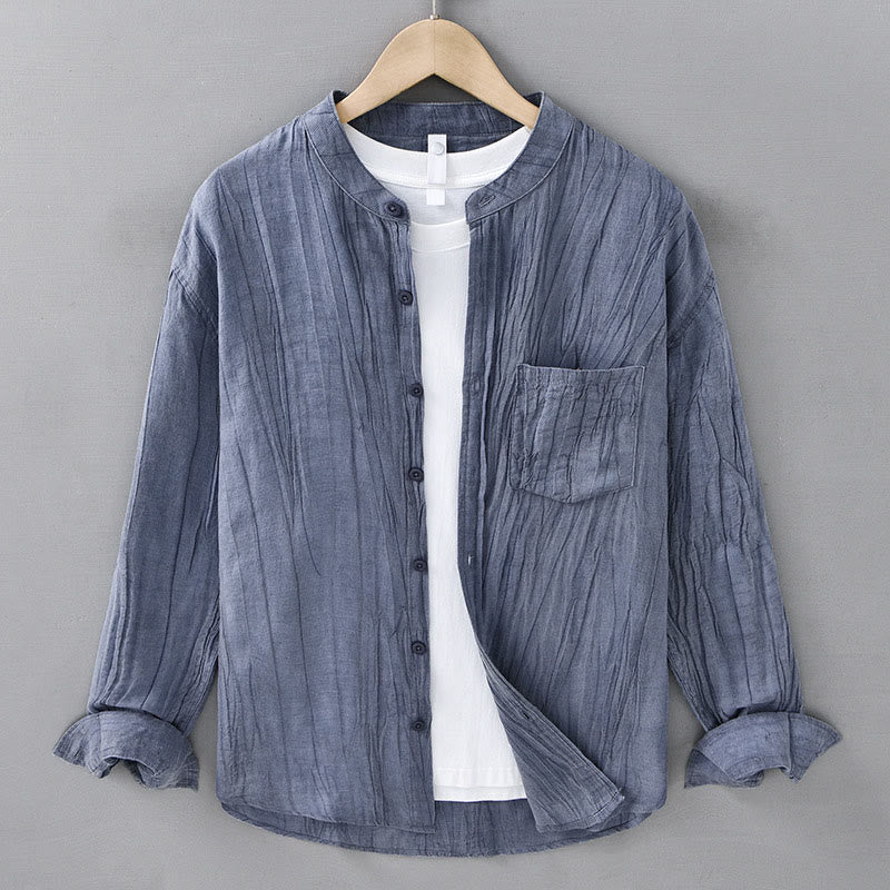 Buddha Stones Solid Long Sleeve Creases Design Buttons Down Ramie Linen Men's Shirts