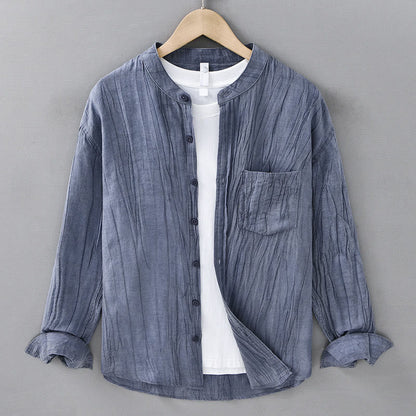 Buddha Stones Solid Long Sleeve Creases Design Buttons Down Ramie Linen Men's Shirts