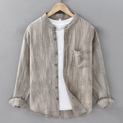Buddha Stones Solid Long Sleeve Creases Design Buttons Down Ramie Linen Men's Shirts