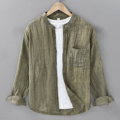 Buddha Stones Solid Long Sleeve Creases Design Buttons Down Ramie Linen Men's Shirts