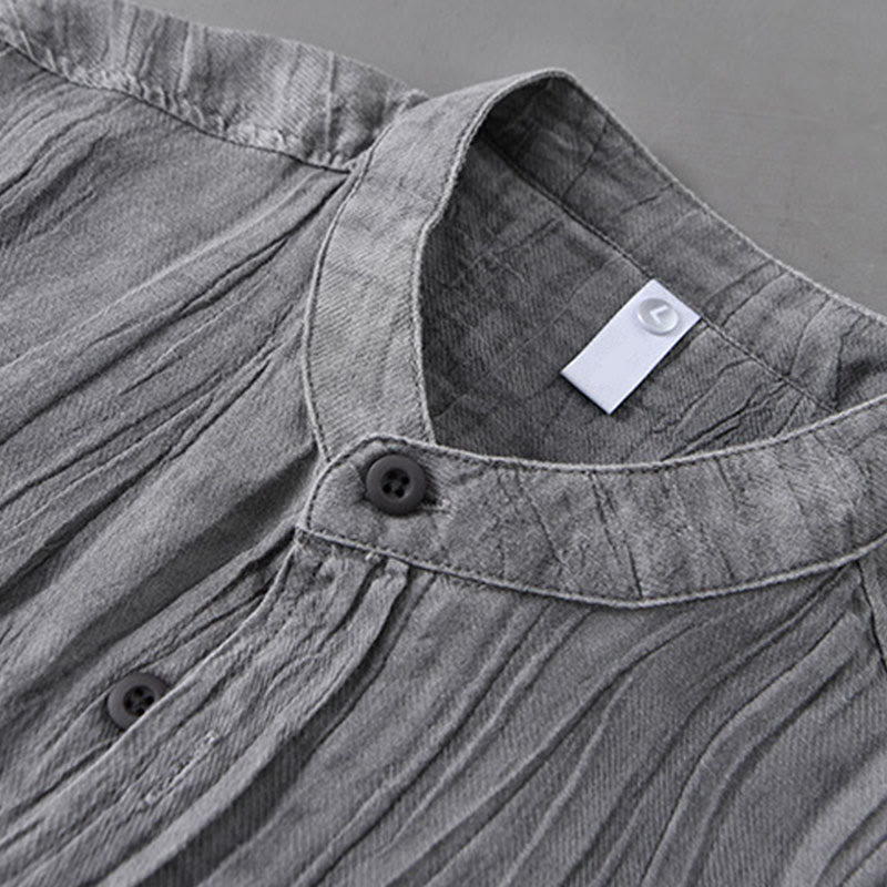 Buddha Stones Solid Long Sleeve Creases Design Buttons Down Ramie Linen Men's Shirts