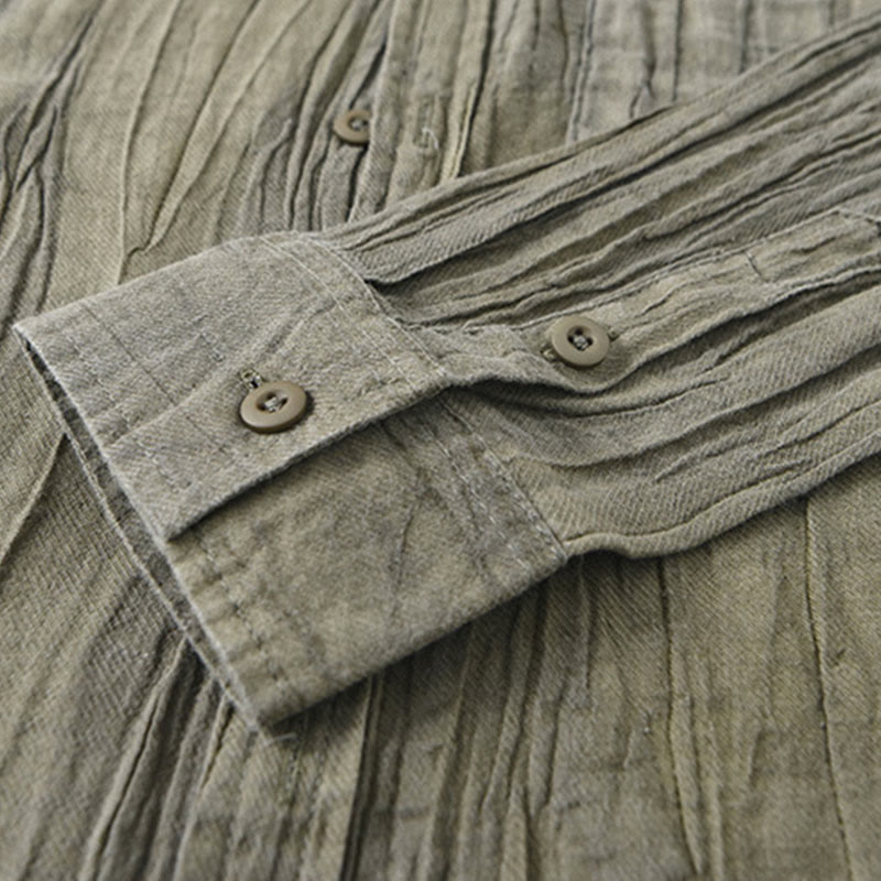 Buddha Stones Solid Long Sleeve Creases Design Buttons Down Ramie Linen Men's Shirts