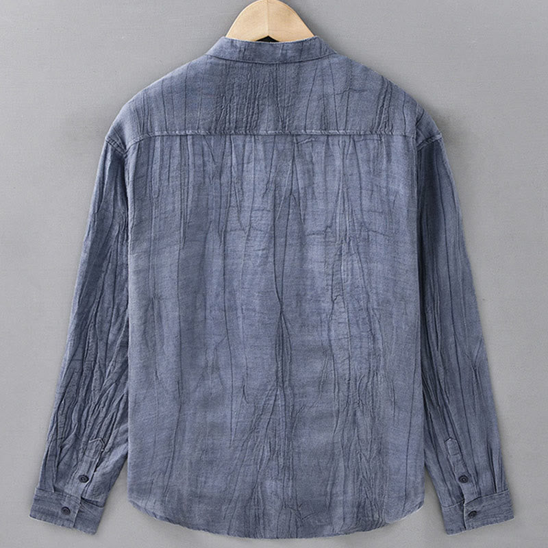 Buddha Stones Solid Long Sleeve Creases Design Buttons Down Ramie Linen Men's Shirts