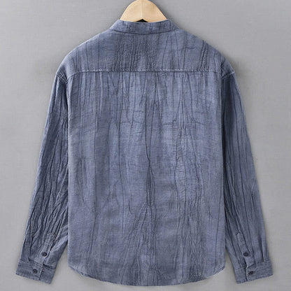 Buddha Stones Solid Long Sleeve Creases Design Buttons Down Ramie Linen Men's Shirts