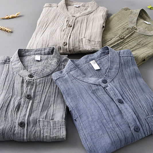Buddha Stones Solid Long Sleeve Creases Design Buttons Down Ramie Linen Men's Shirts