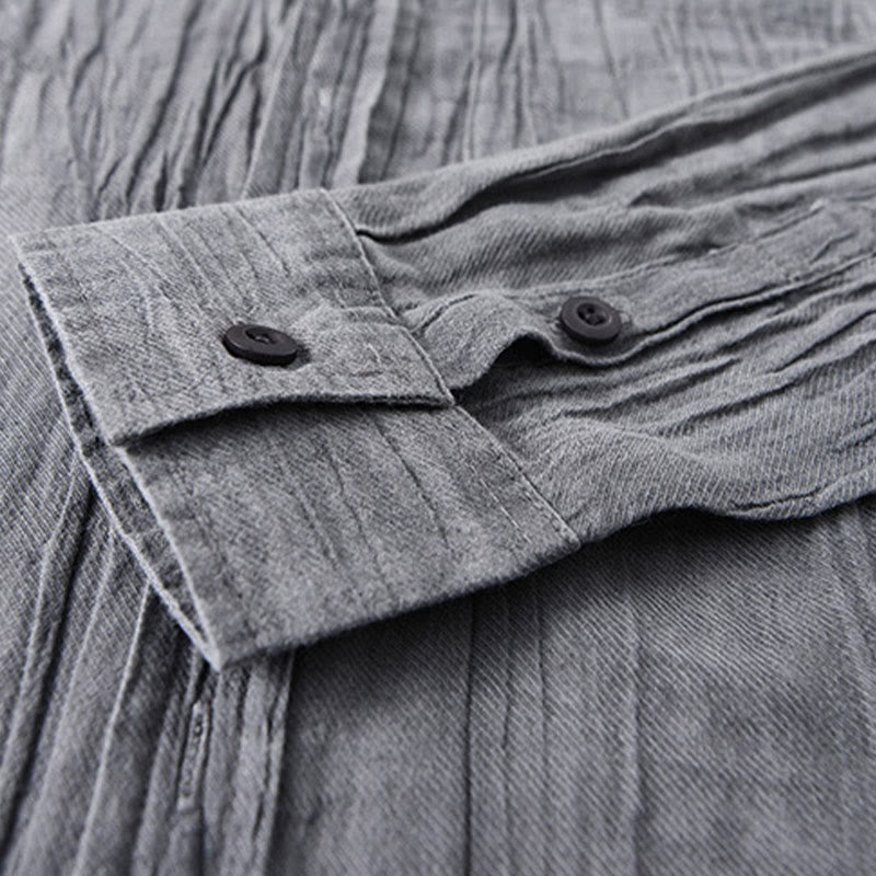 Buddha Stones Solid Long Sleeve Creases Design Buttons Down Ramie Linen Men's Shirts
