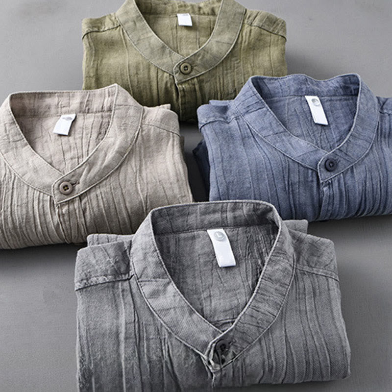 Buddha Stones Solid Long Sleeve Creases Design Buttons Down Ramie Linen Men's Shirts