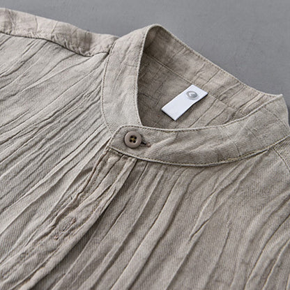 Buddha Stones Solid Long Sleeve Creases Design Buttons Down Ramie Linen Men's Shirts