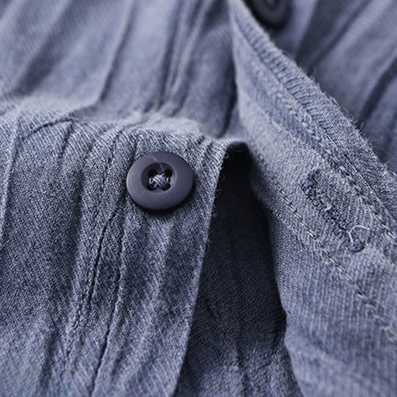 Buddha Stones Solid Long Sleeve Creases Design Buttons Down Ramie Linen Men's Shirts
