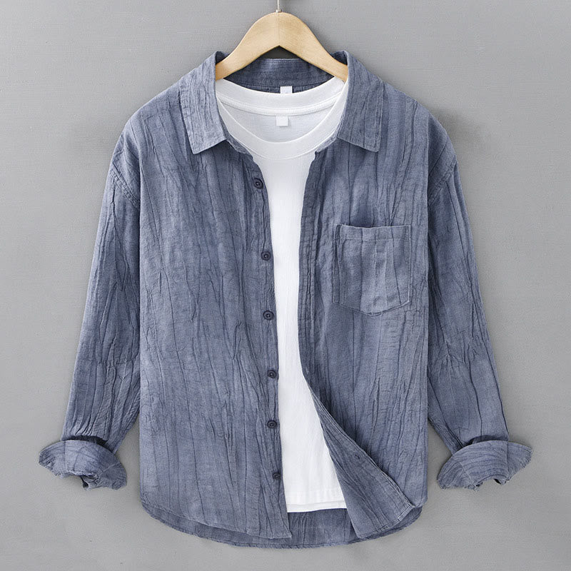 Buddha Stones Solid Long Sleeve Stand Collar Wrinkles Button Down Ramie Linen Men's Shirts