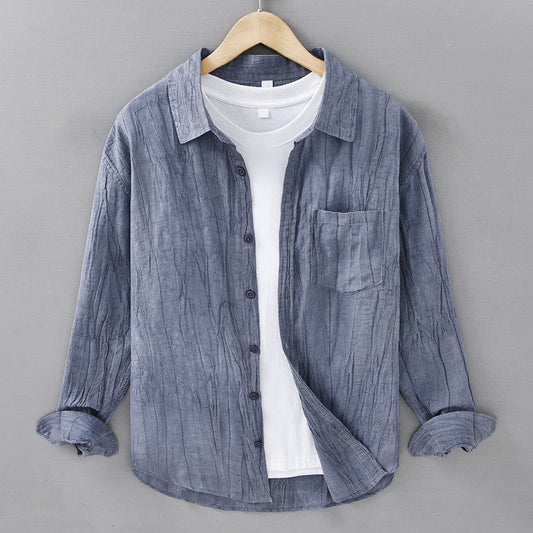 Buddha Stones Solid Long Sleeve Stand Collar Wrinkles Button Down Ramie Linen Men's Shirts