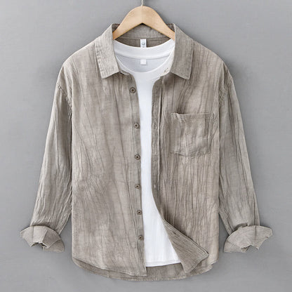 Buddha Stones Solid Long Sleeve Stand Collar Wrinkles Button Down Ramie Linen Men's Shirts