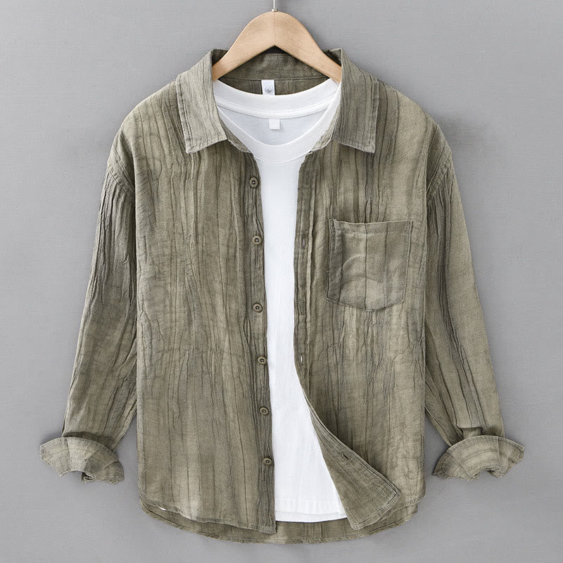 Buddha Stones Solid Long Sleeve Stand Collar Wrinkles Button Down Ramie Linen Men's Shirts