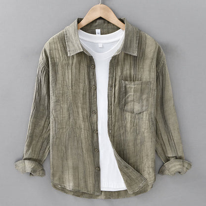 Buddha Stones Solid Long Sleeve Stand Collar Wrinkles Button Down Ramie Linen Men's Shirts