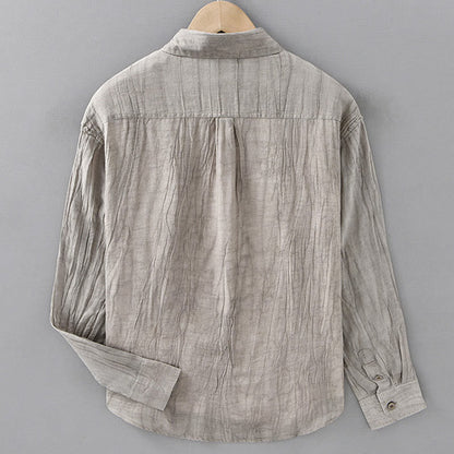 Buddha Stones Solid Long Sleeve Stand Collar Wrinkles Button Down Ramie Linen Men's Shirts