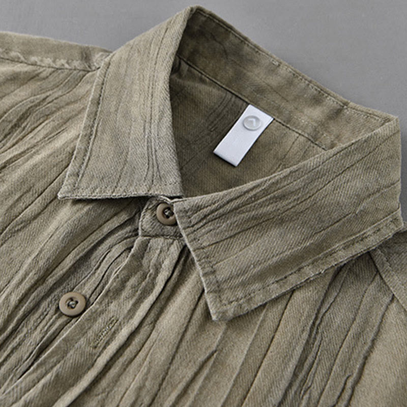 Buddha Stones Solid Long Sleeve Stand Collar Wrinkles Button Down Ramie Linen Men's Shirts