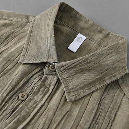 Buddha Stones Solid Long Sleeve Stand Collar Wrinkles Button Down Ramie Linen Men's Shirts