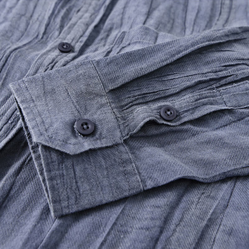Buddha Stones Solid Long Sleeve Stand Collar Wrinkles Button Down Ramie Linen Men's Shirts
