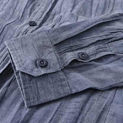 Buddha Stones Solid Long Sleeve Stand Collar Wrinkles Button Down Ramie Linen Men's Shirts