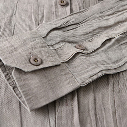 Buddha Stones Solid Long Sleeve Stand Collar Wrinkles Button Down Ramie Linen Men's Shirts