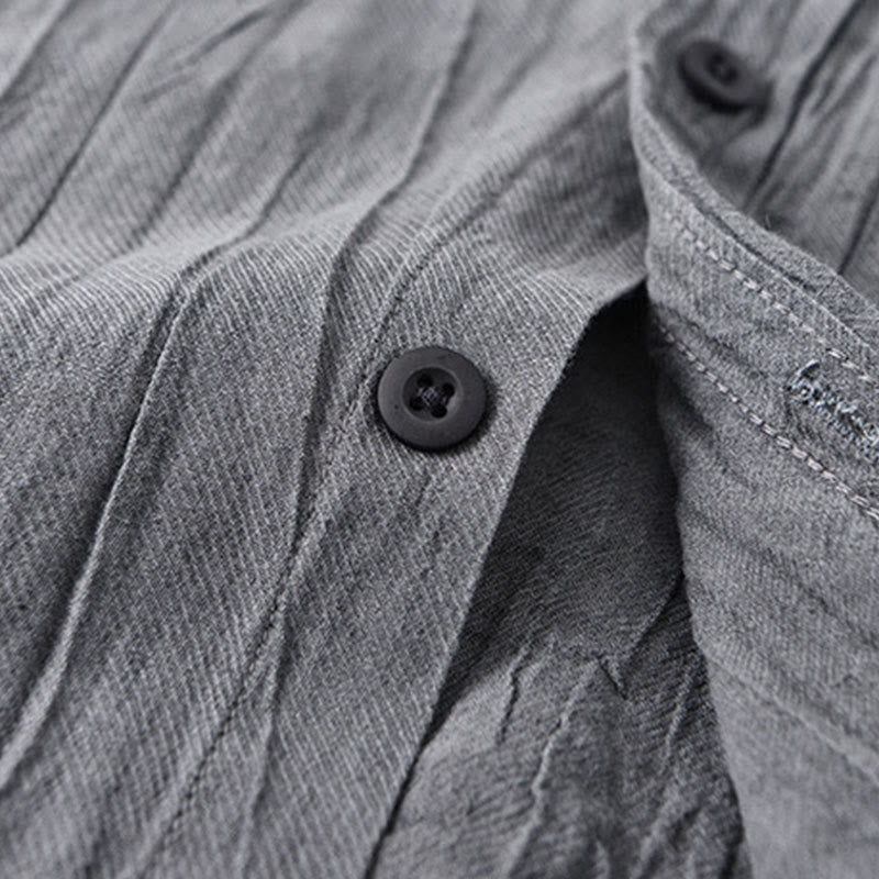 Buddha Stones Solid Long Sleeve Stand Collar Wrinkles Button Down Ramie Linen Men's Shirts