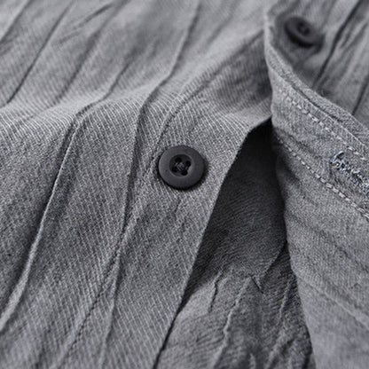 Buddha Stones Solid Long Sleeve Stand Collar Wrinkles Button Down Ramie Linen Men's Shirts