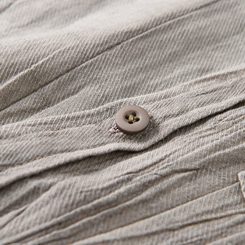Buddha Stones Solid Long Sleeve Stand Collar Wrinkles Button Down Ramie Linen Men's Shirts