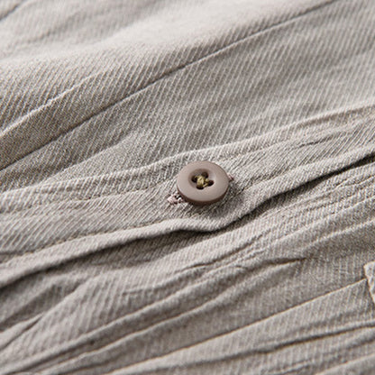 Buddha Stones Solid Long Sleeve Stand Collar Wrinkles Button Down Ramie Linen Men's Shirts