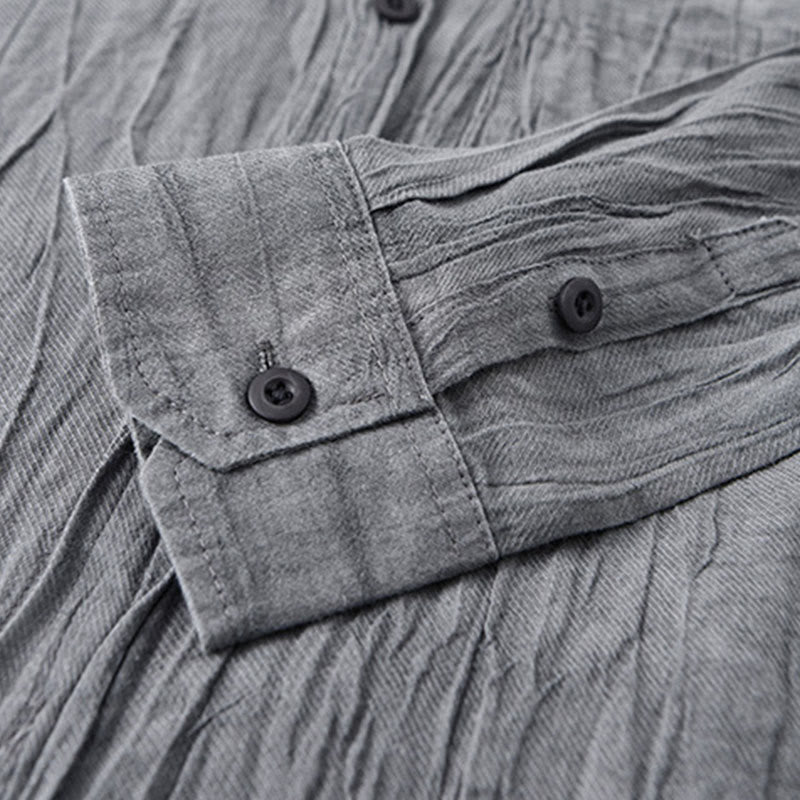 Buddha Stones Solid Long Sleeve Stand Collar Wrinkles Button Down Ramie Linen Men's Shirts