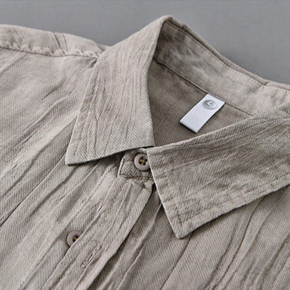 Buddha Stones Solid Long Sleeve Stand Collar Wrinkles Button Down Ramie Linen Men's Shirts