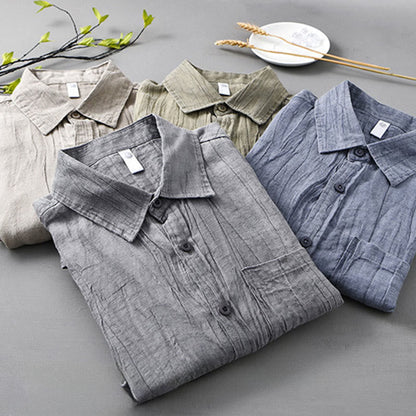 Buddha Stones Solid Long Sleeve Stand Collar Wrinkles Button Down Ramie Linen Men's Shirts