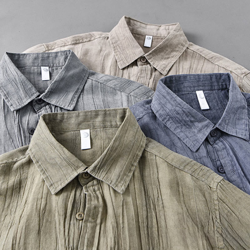 Buddha Stones Solid Long Sleeve Stand Collar Wrinkles Button Down Ramie Linen Men's Shirts