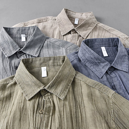 Buddha Stones Solid Long Sleeve Stand Collar Wrinkles Button Down Ramie Linen Men's Shirts