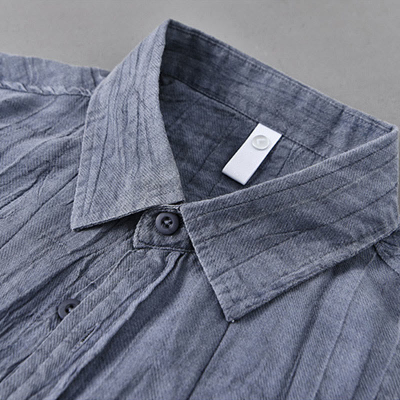 Buddha Stones Solid Long Sleeve Stand Collar Wrinkles Button Down Ramie Linen Men's Shirts