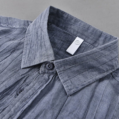 Buddha Stones Solid Long Sleeve Stand Collar Wrinkles Button Down Ramie Linen Men's Shirts